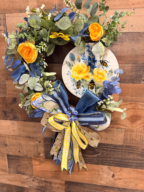 Bee wreath yellow and blue