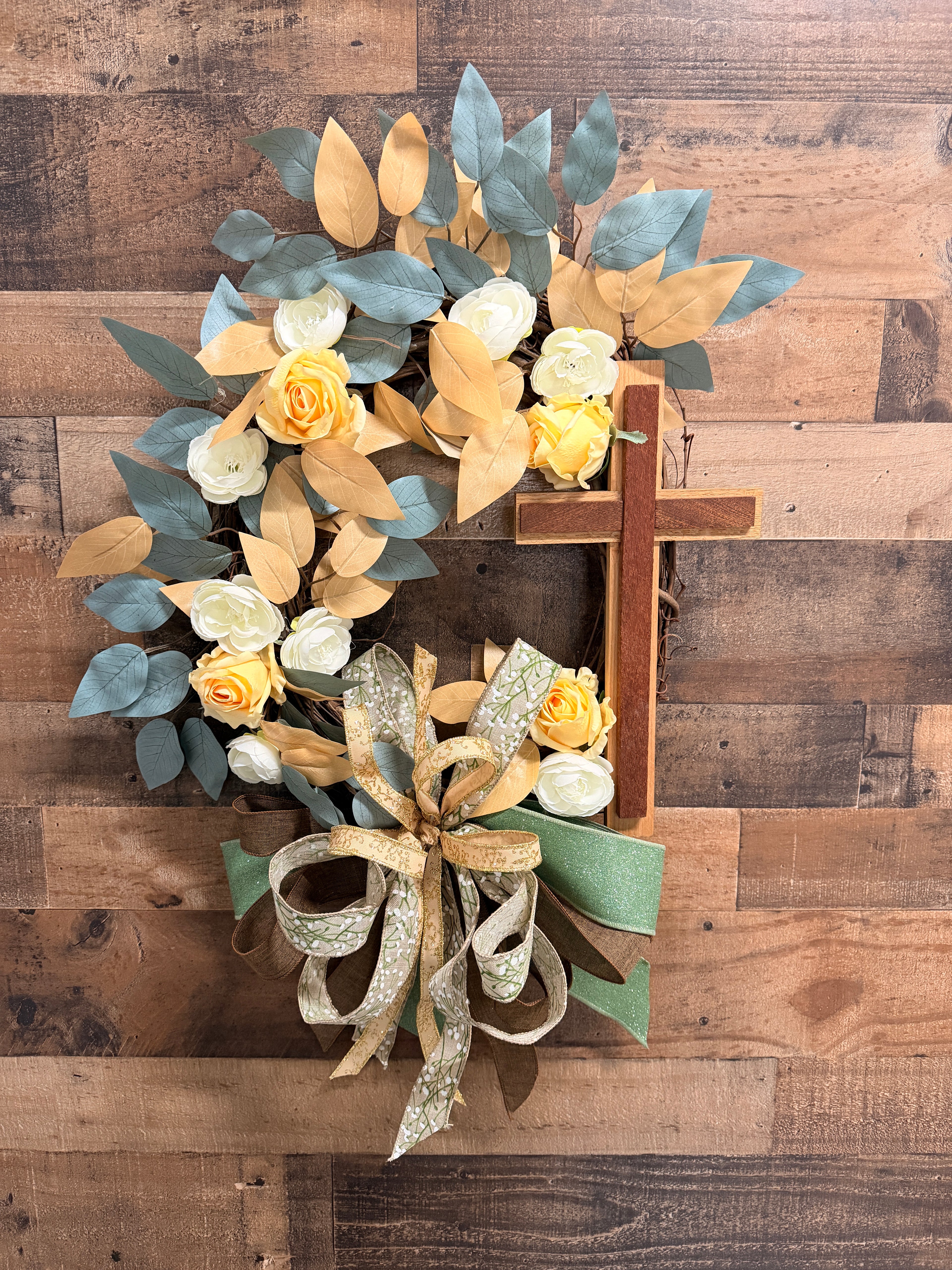 Handmade Religious Cross Wreath with Yellow Roses, Farmhouse Grapevine Door Decor, Christian Easter Wreath, Layered Bow Everyday Wall Decor