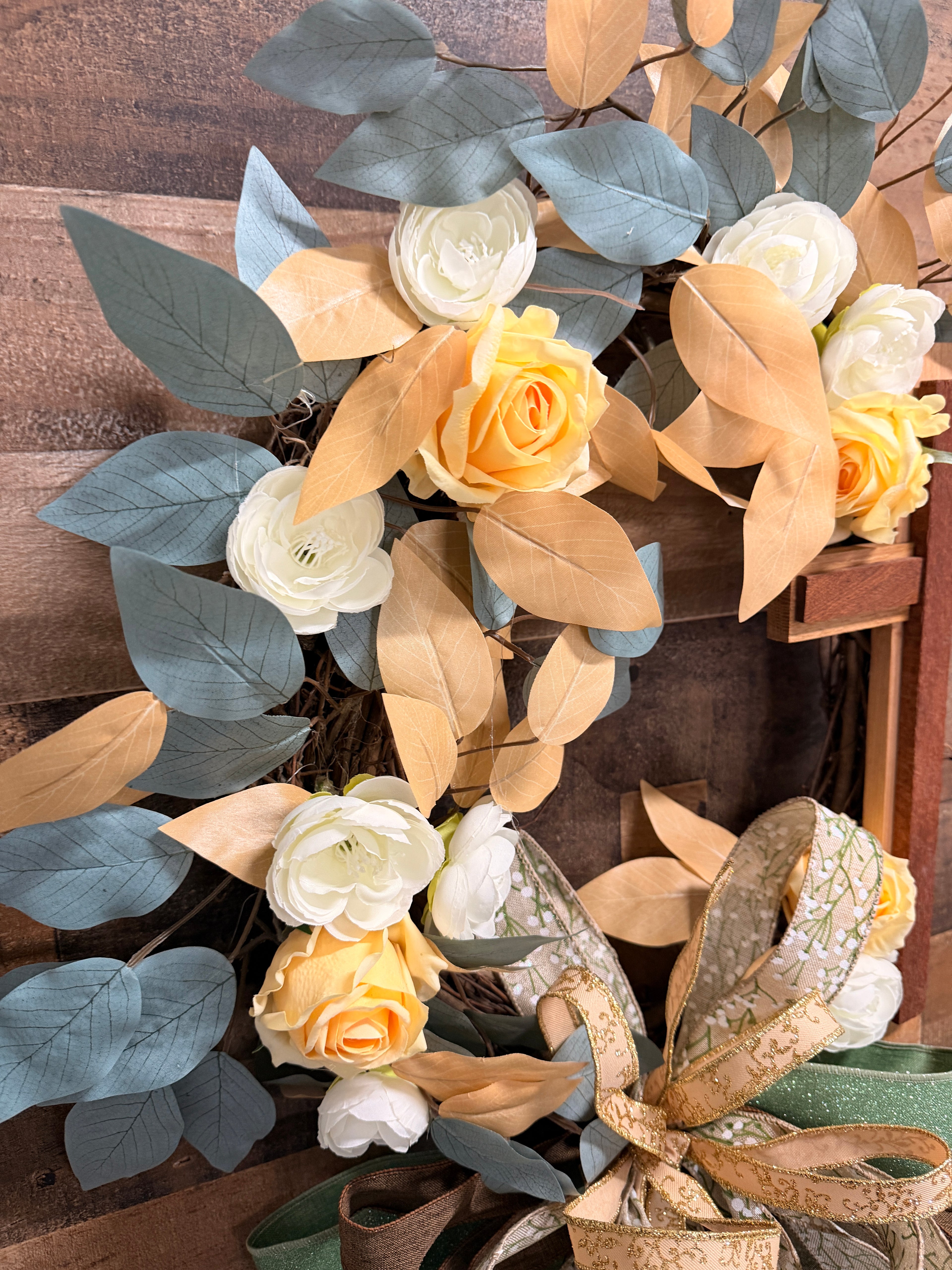 Handmade Religious Cross Wreath with Yellow Roses, Farmhouse Grapevine Door Decor, Christian Easter Wreath, Layered Bow Everyday Wall Decor