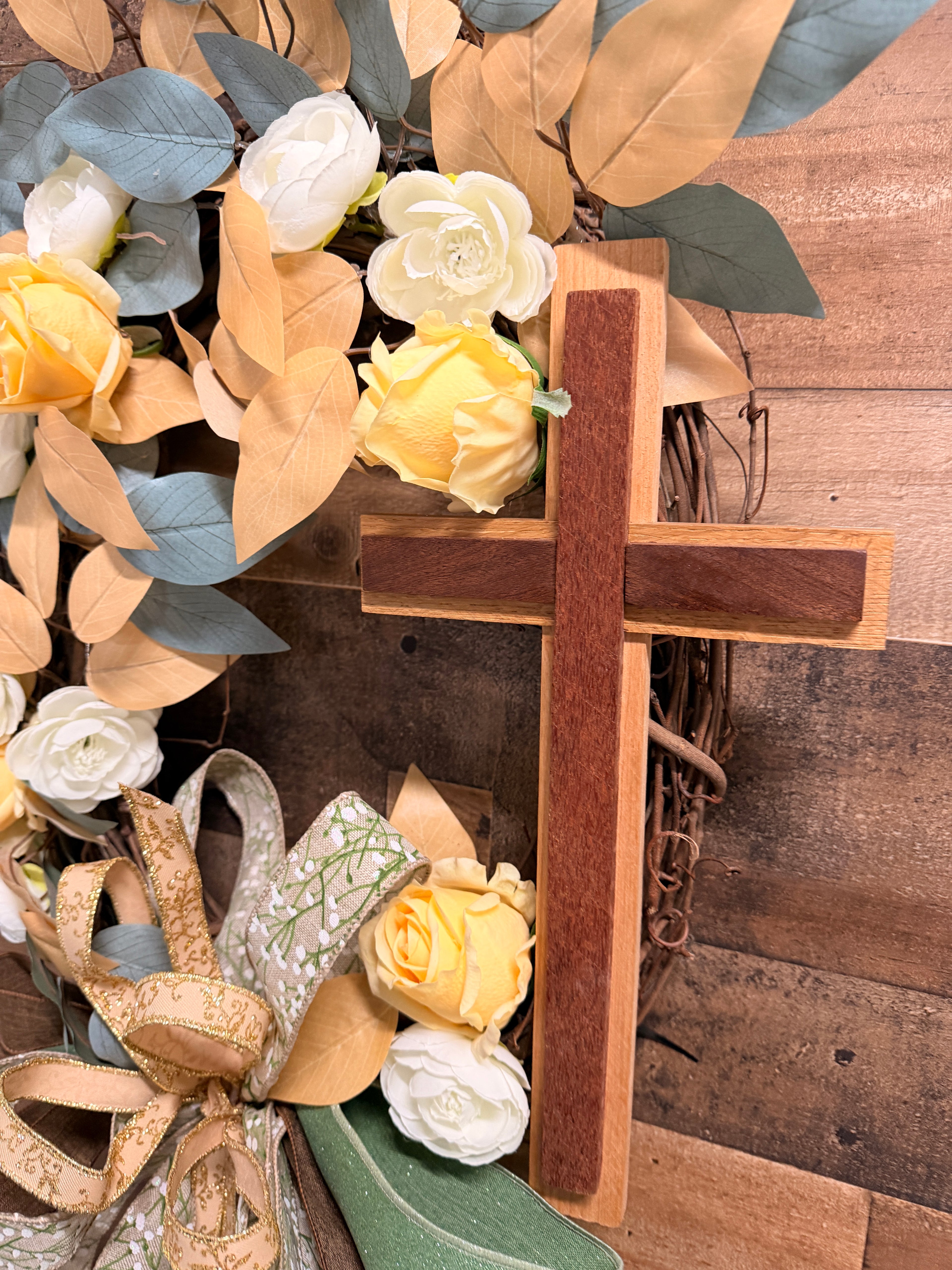 Handmade Religious Cross Wreath with Yellow Roses, Farmhouse Grapevine Door Decor, Christian Easter Wreath, Layered Bow Everyday Wall Decor