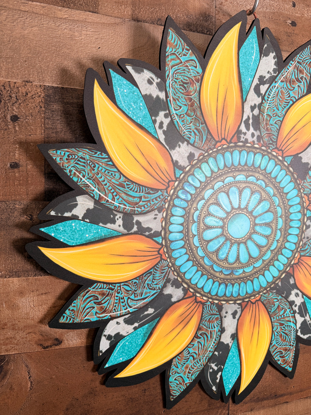 Hand Painted Sunflower Wall Art, Boho Southwestern Turquoise Teal Decor, Unique Statement Wooden Wall Hanging Gift