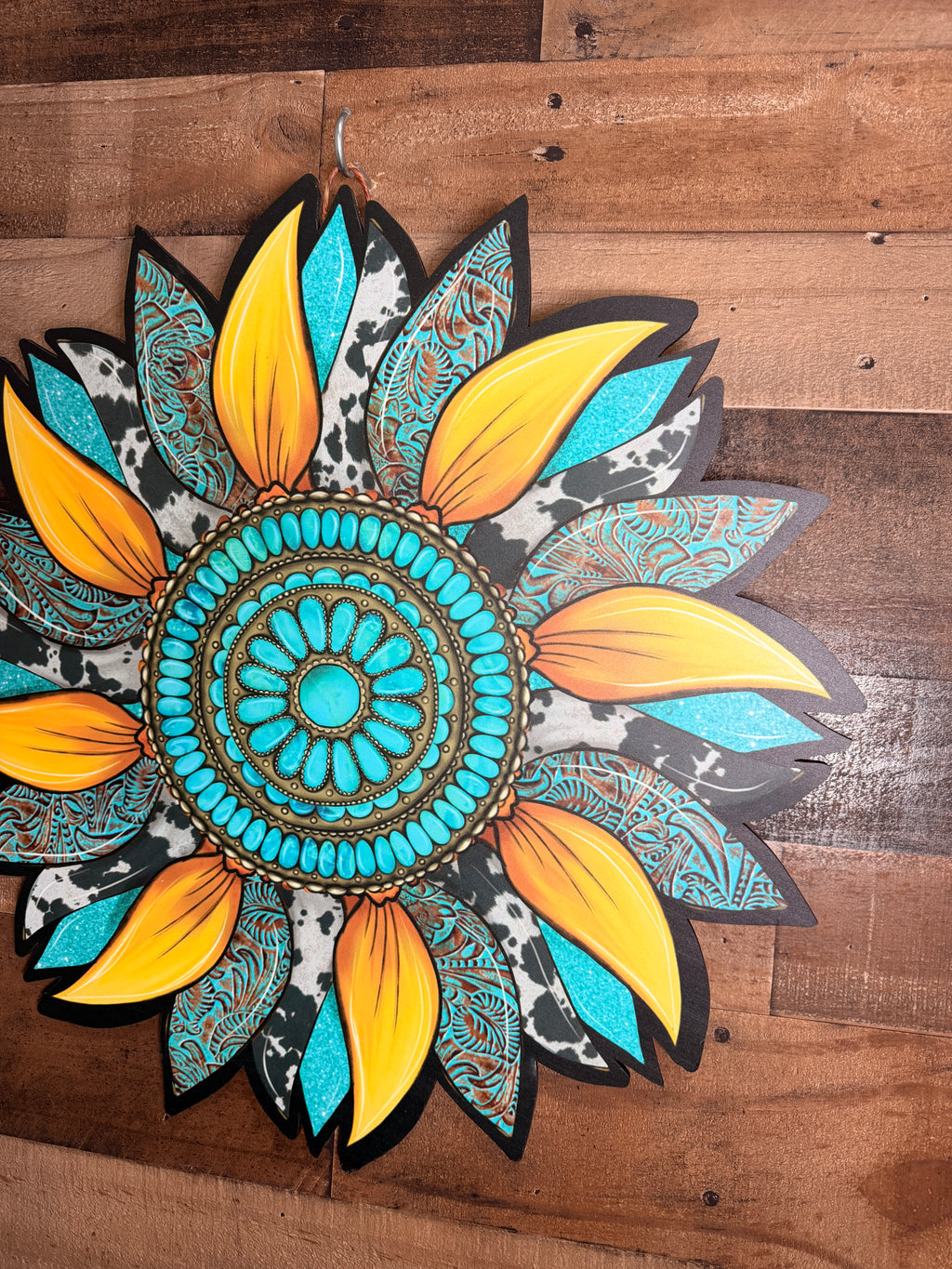 Hand Painted Sunflower Wall Art, Boho Southwestern Turquoise Teal Decor, Unique Statement Wooden Wall Hanging Gift