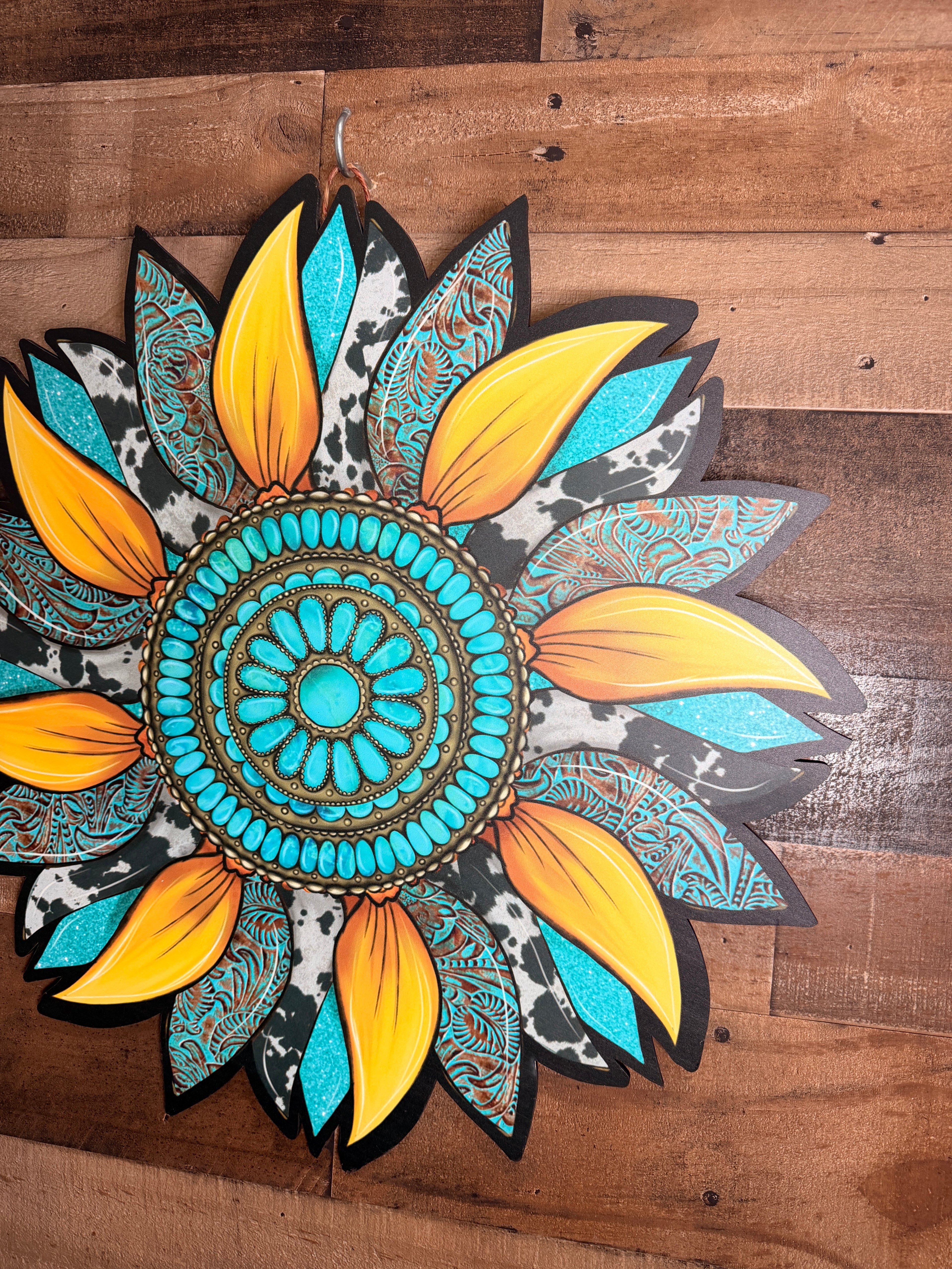 Hand Painted Sunflower Wall Art, Boho Southwestern Turquoise Teal Decor, Unique Statement Wooden Wall Hanging Gift