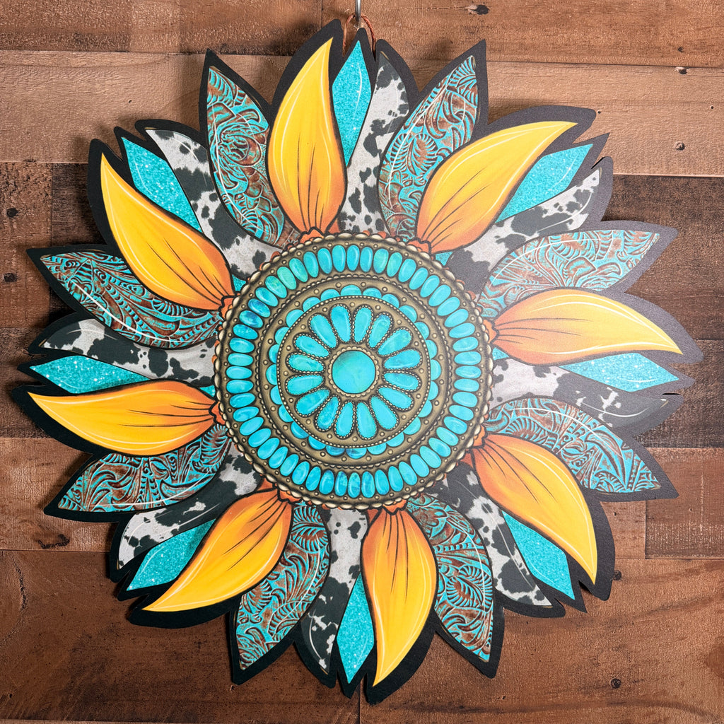 Hand Painted Sunflower Wall Art, Boho Southwestern Turquoise Teal Decor, Unique Statement Wooden Wall Hanging Gift