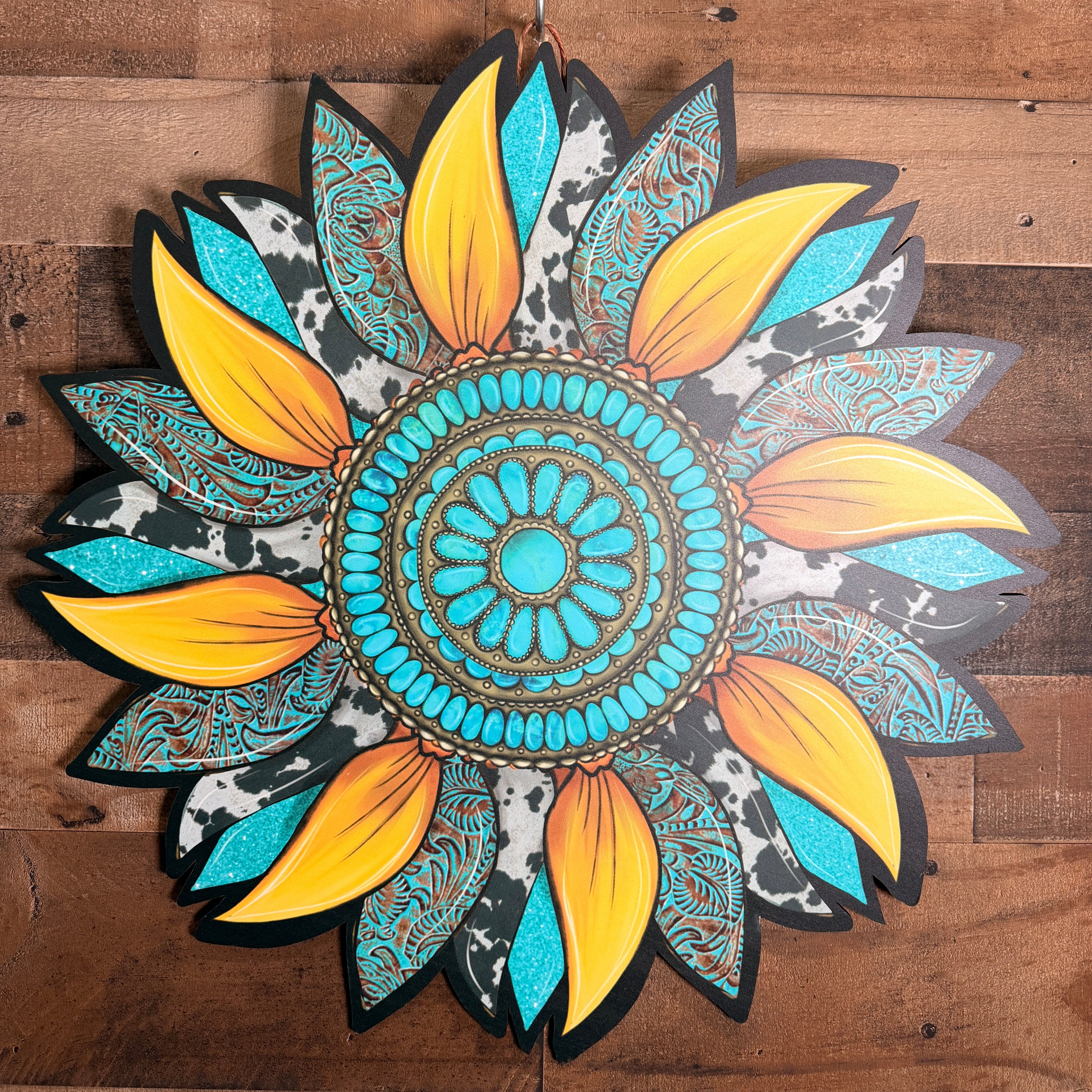 Hand Painted Sunflower Wall Art, Boho Southwestern Turquoise Teal Decor, Unique Statement Wooden Wall Hanging Gift