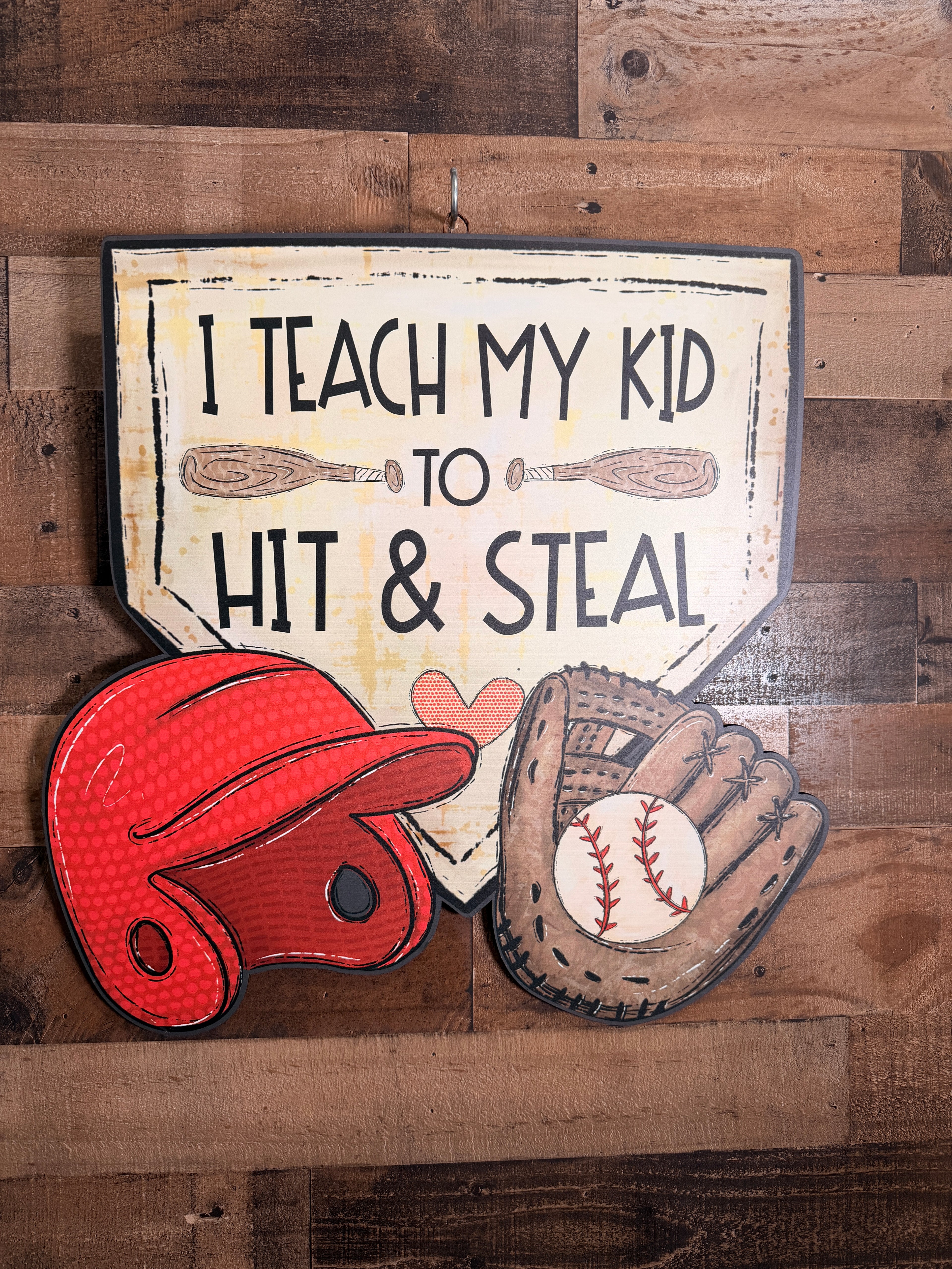 Funny Baseball Wall Decor Sign, I Teach My Kid to Hit & Steal | Baseball Coach Gift