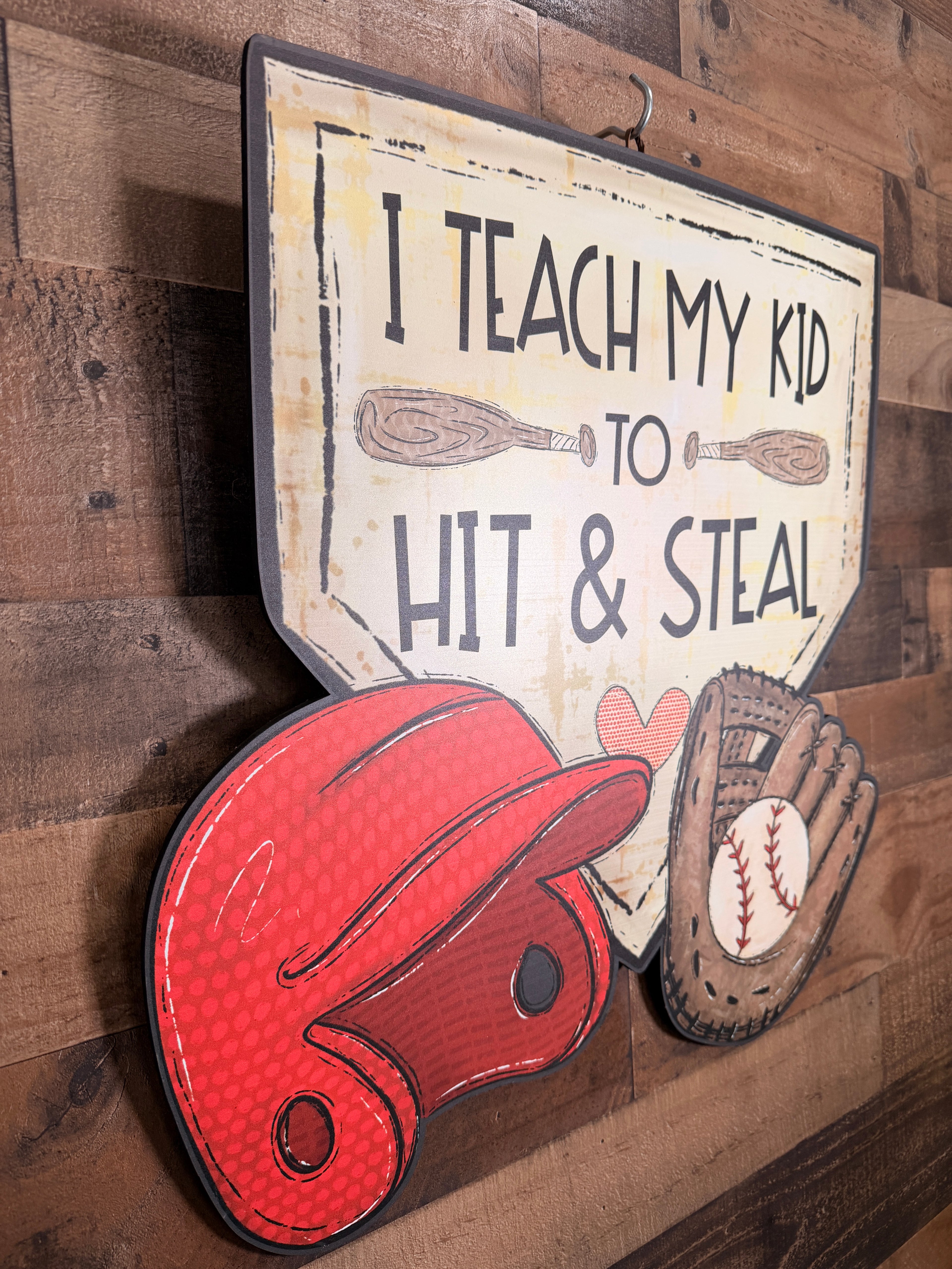 Funny Baseball Wall Decor Sign, I Teach My Kid to Hit & Steal | Baseball Coach Gift