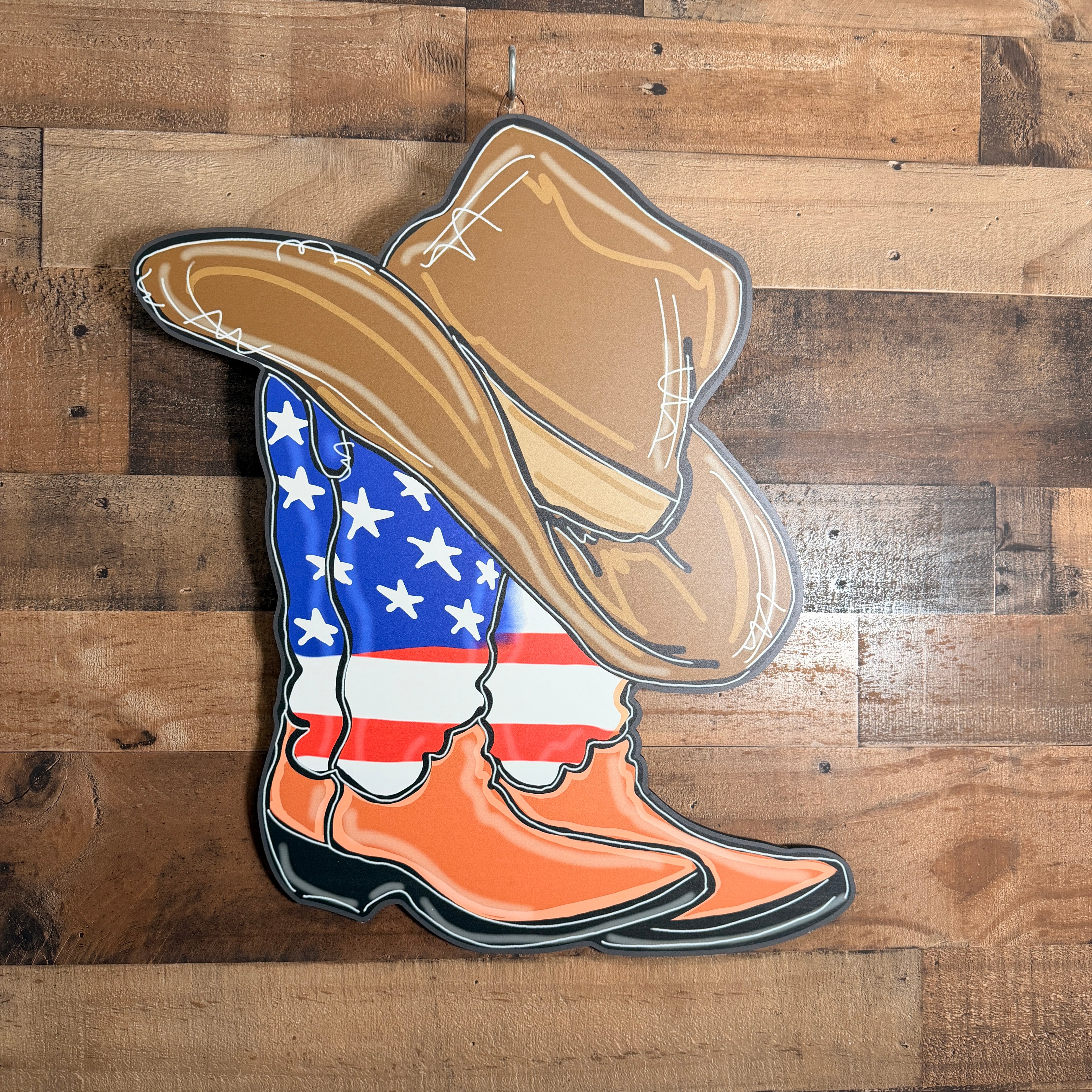 Cowboy Americana Wall Art, American Flag Cowboy Boots Decor, Rustic Country Wall Hanging, Patriotic Home Gift