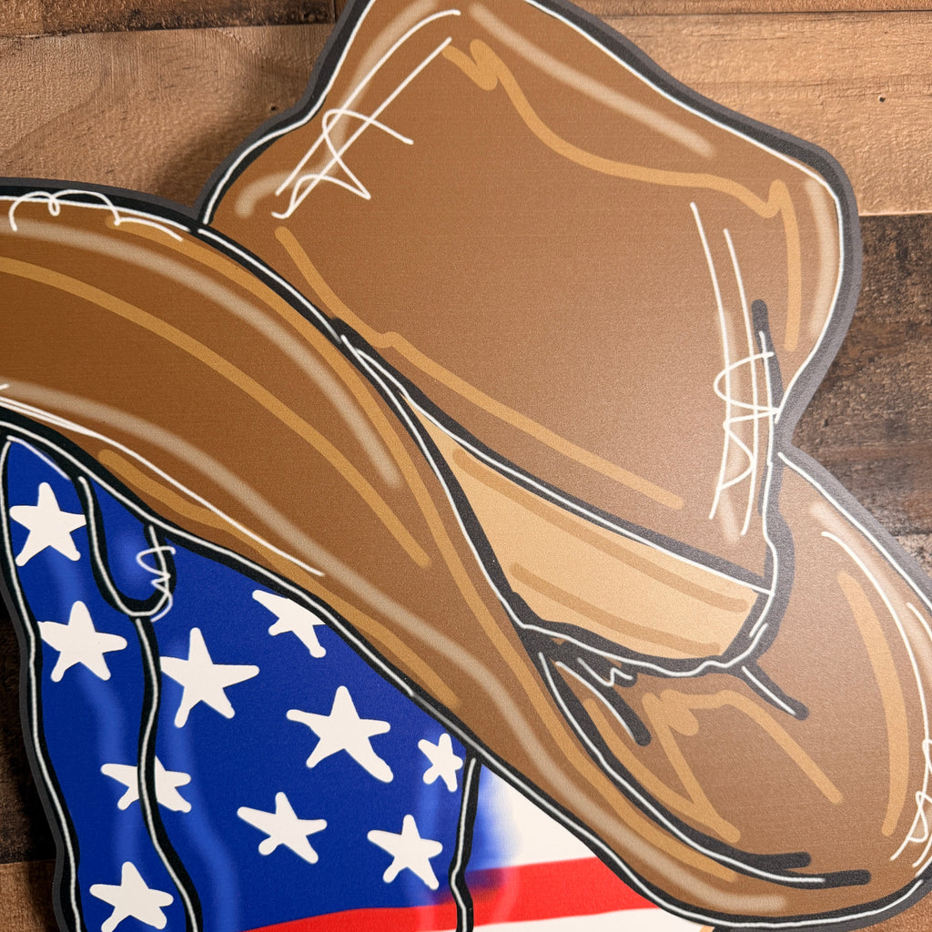 Cowboy Americana Wall Art, American Flag Cowboy Boots Decor, Rustic Country Wall Hanging, Patriotic Home Gift