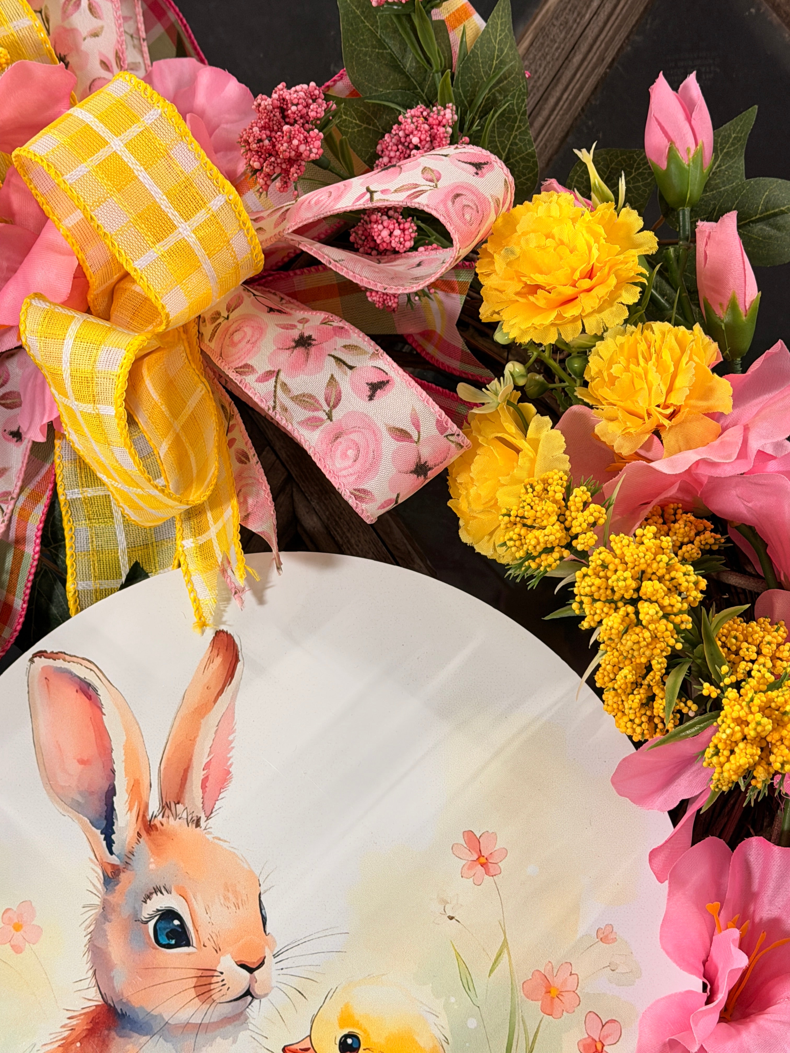 Easter Bunny Wreath for Front Door, Pastel Spring Floral Wreath, Handmade Whimsical Decoration
