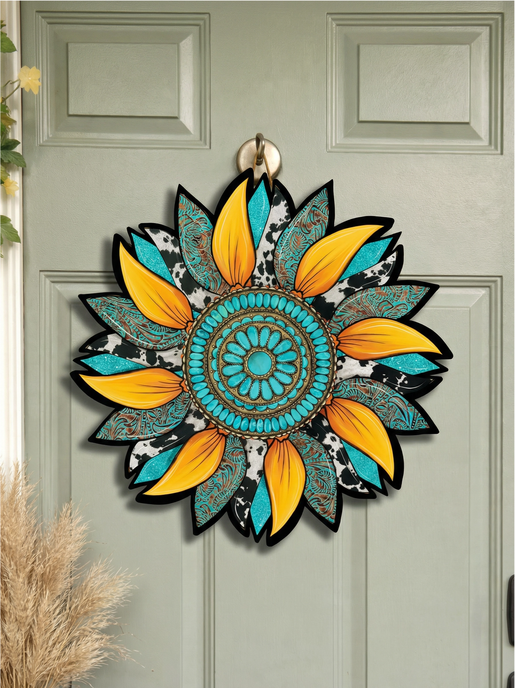 Hand Painted Sunflower Wall Art, Boho Southwestern Turquoise Teal Decor, Unique Statement Wooden Wall Hanging Gift
