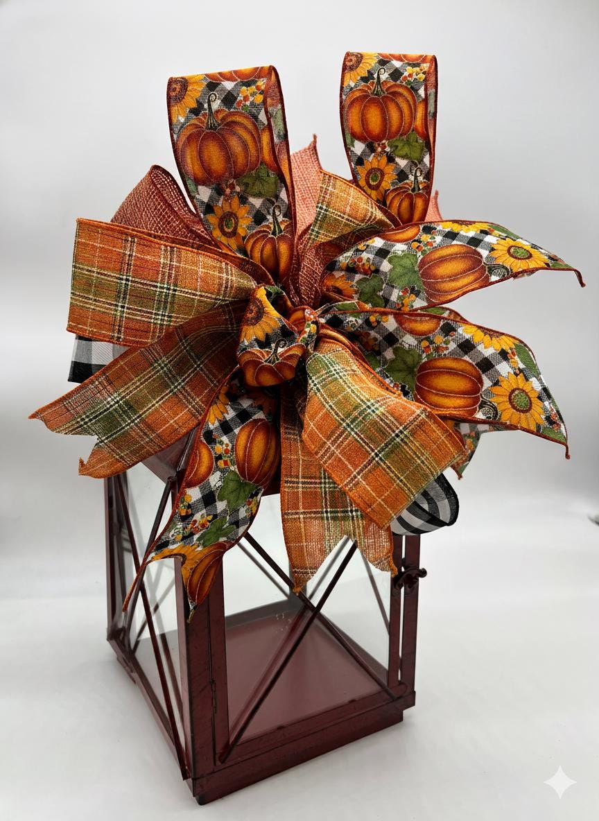Autumn Pumpkin Plaid Lantern Bow, Farmhouse Fall Decor, Orange Buffalo Check Bow, Seasonal Wreath Mailbox Decoration