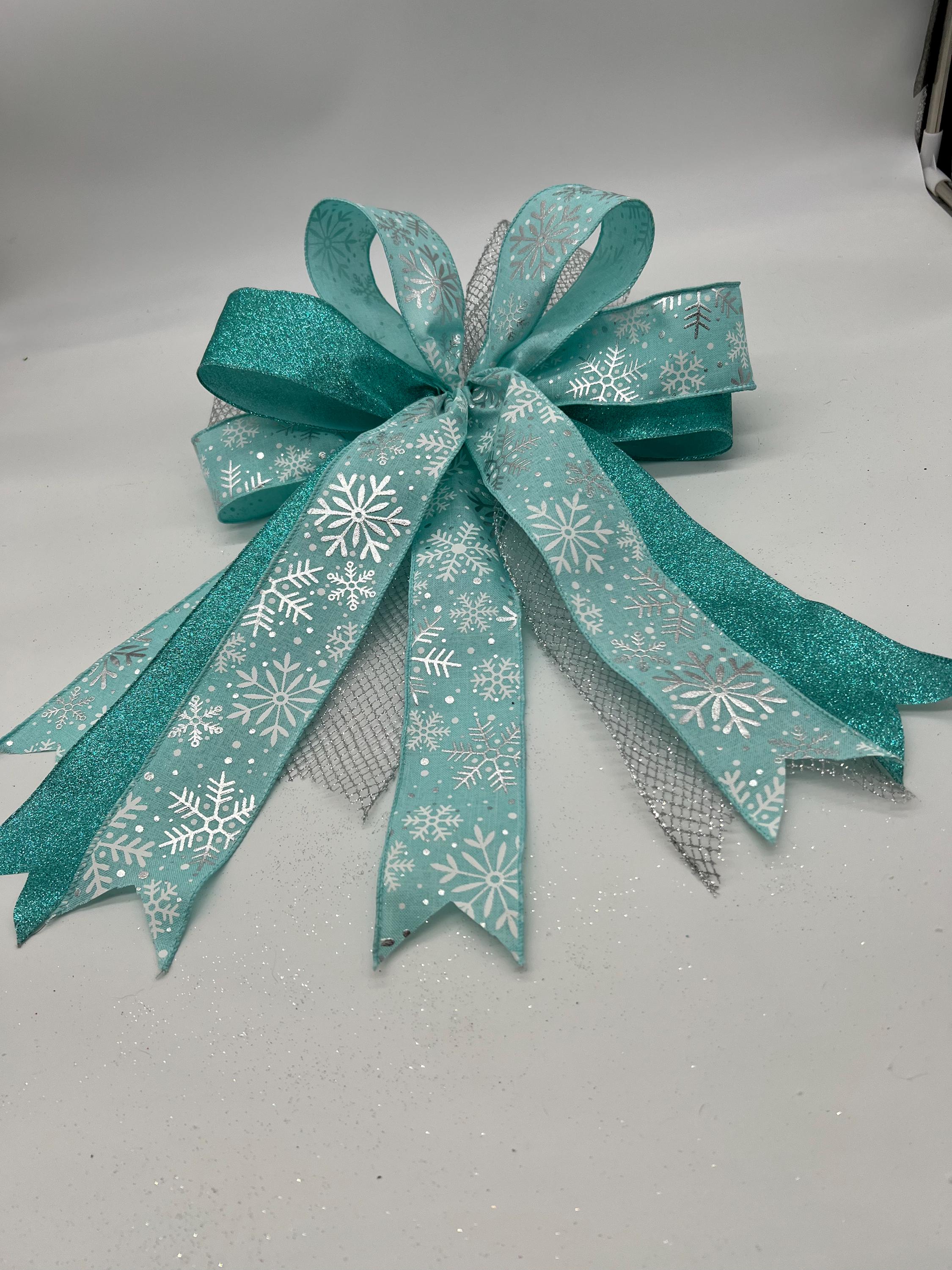 Turquoise Snowflake Bow Winter Wreath Ribbon Christmas Tree Topper Holiday Glitter Decorative Bow