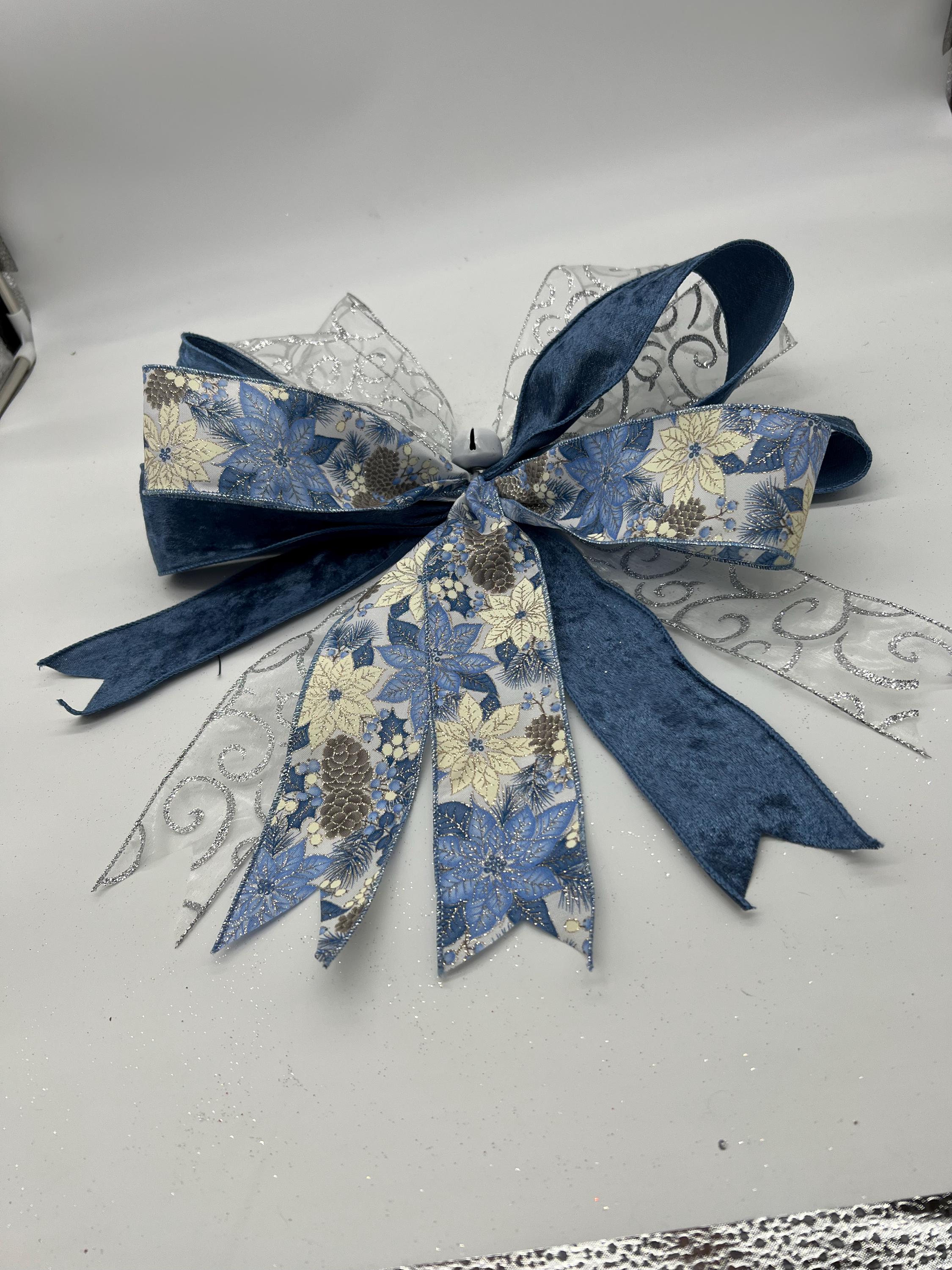 Elegant Christmas Bow for Holiday Decor – Handmade Blue Velvet Wreath Bow | Winter Ribbon Tree Topper & Lantern Decor