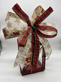 Christmas Lantern Bow Topper – Red Green Plaid Holiday Bow, Wired Poinsettia Ribbon, Wreath or Mantle Swag, Elegant Christmas Decor Accent