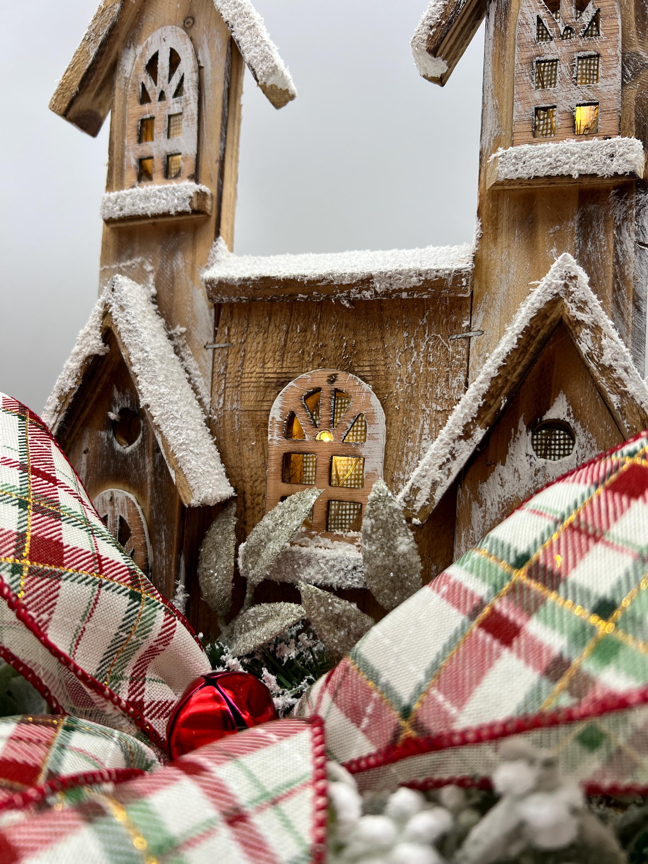 Rustic Lighted Christmas Centerpiece – Handcrafted Wooden Church Table Decor with Snowy Pine & Plaid Bow
