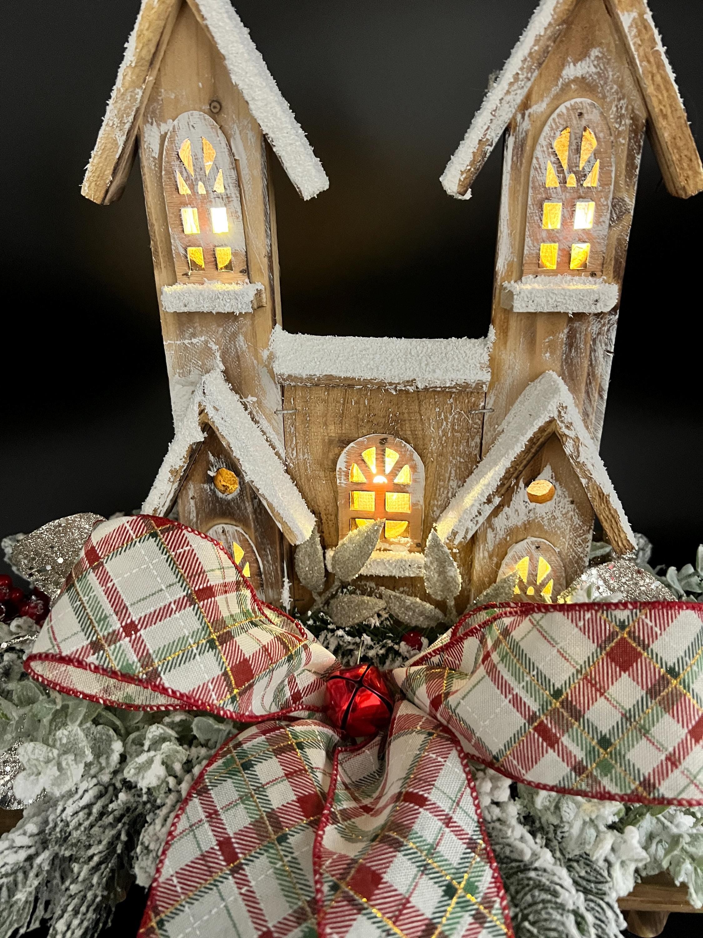 Rustic Lighted Christmas Centerpiece – Handcrafted Wooden Church Table Decor with Snowy Pine & Plaid Bow