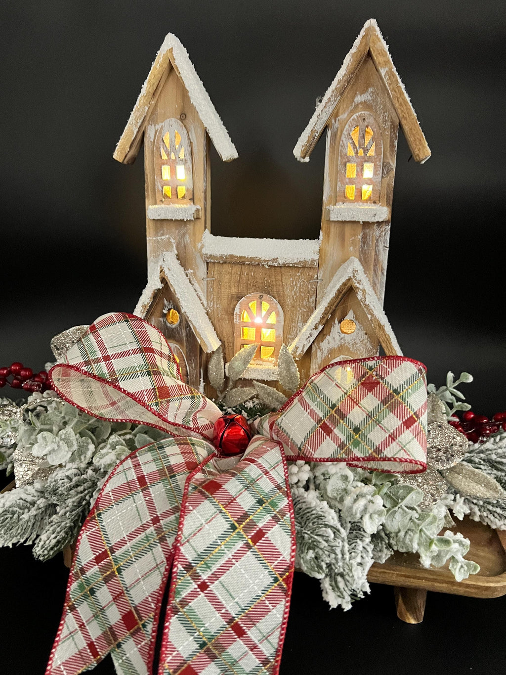 Rustic Lighted Christmas Centerpiece – Handcrafted Wooden Church Table Decor with Snowy Pine & Plaid Bow