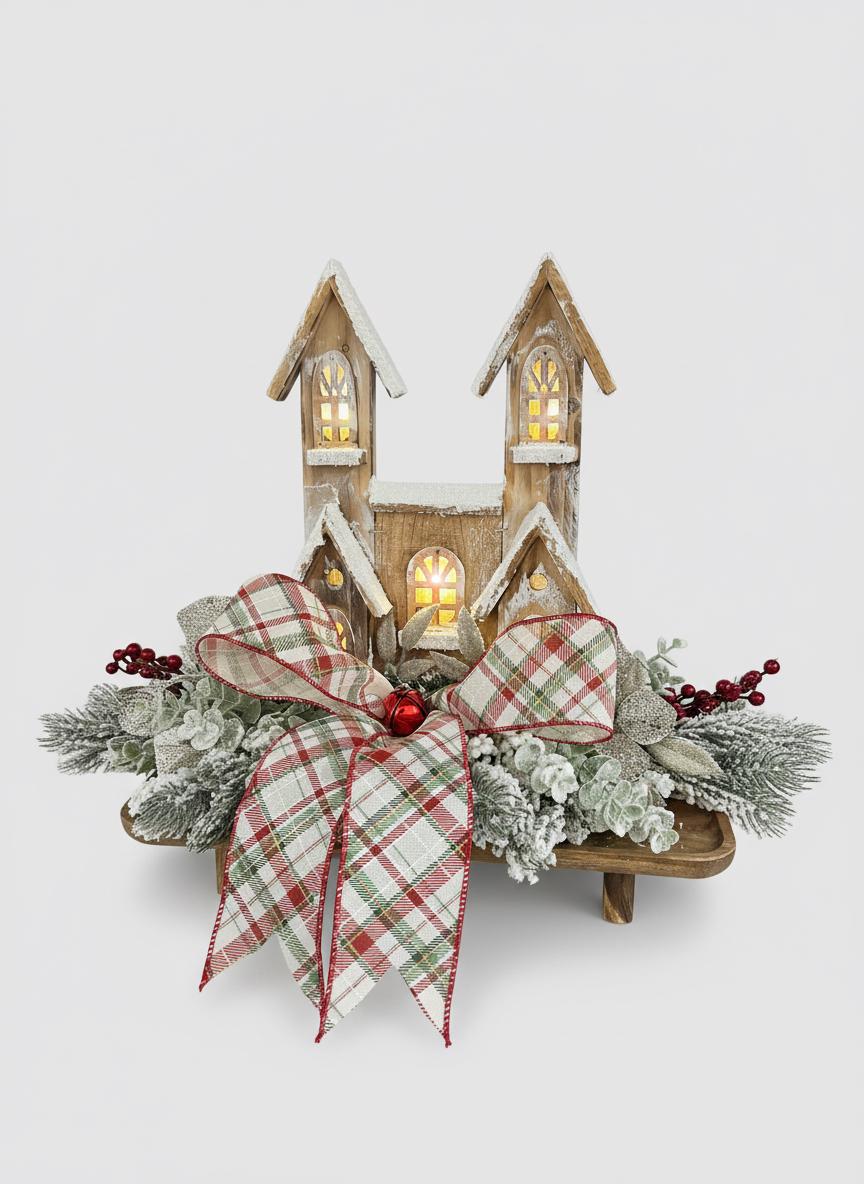 Rustic Lighted Christmas Centerpiece – Handcrafted Wooden Church Table Decor with Snowy Pine & Plaid Bow