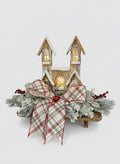 Rustic Lighted Christmas Centerpiece – Handcrafted Wooden Church Table Decor with Snowy Pine & Plaid Bow
