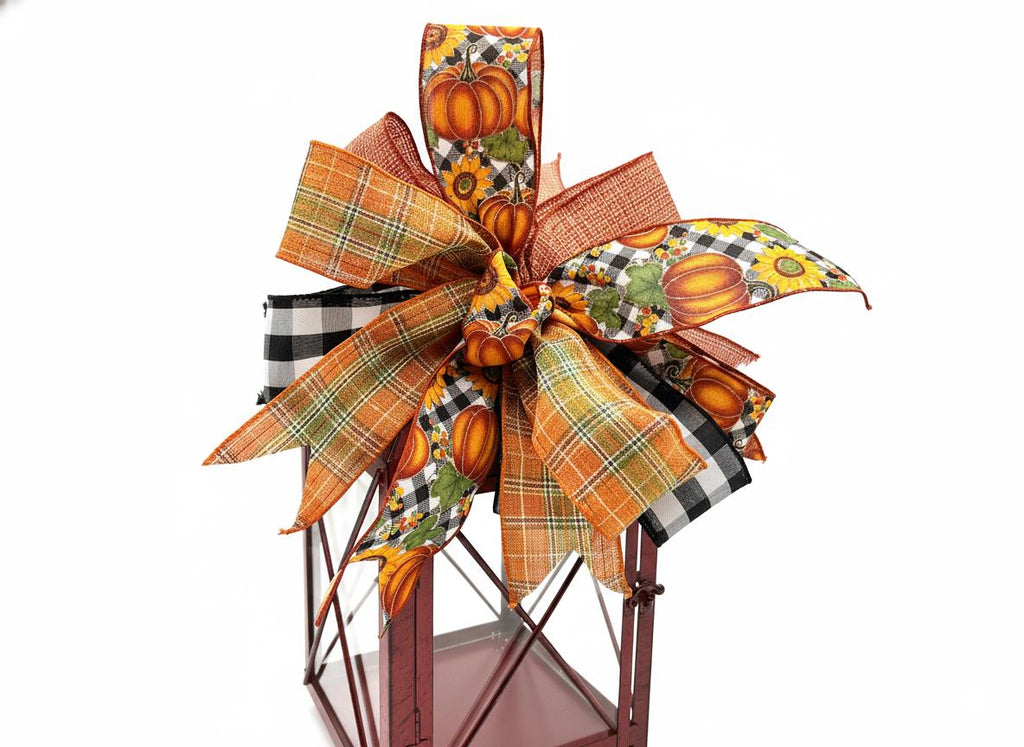 Autumn Pumpkin Plaid Lantern Bow, Farmhouse Fall Decor, Orange Buffalo Check Bow, Seasonal Wreath Mailbox Decoration