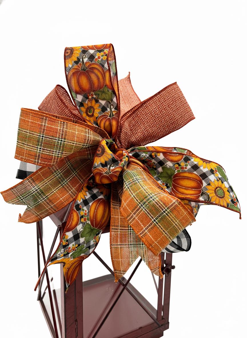 Autumn Pumpkin Plaid Lantern Bow, Farmhouse Fall Decor, Orange Buffalo Check Bow, Seasonal Wreath Mailbox Decoration