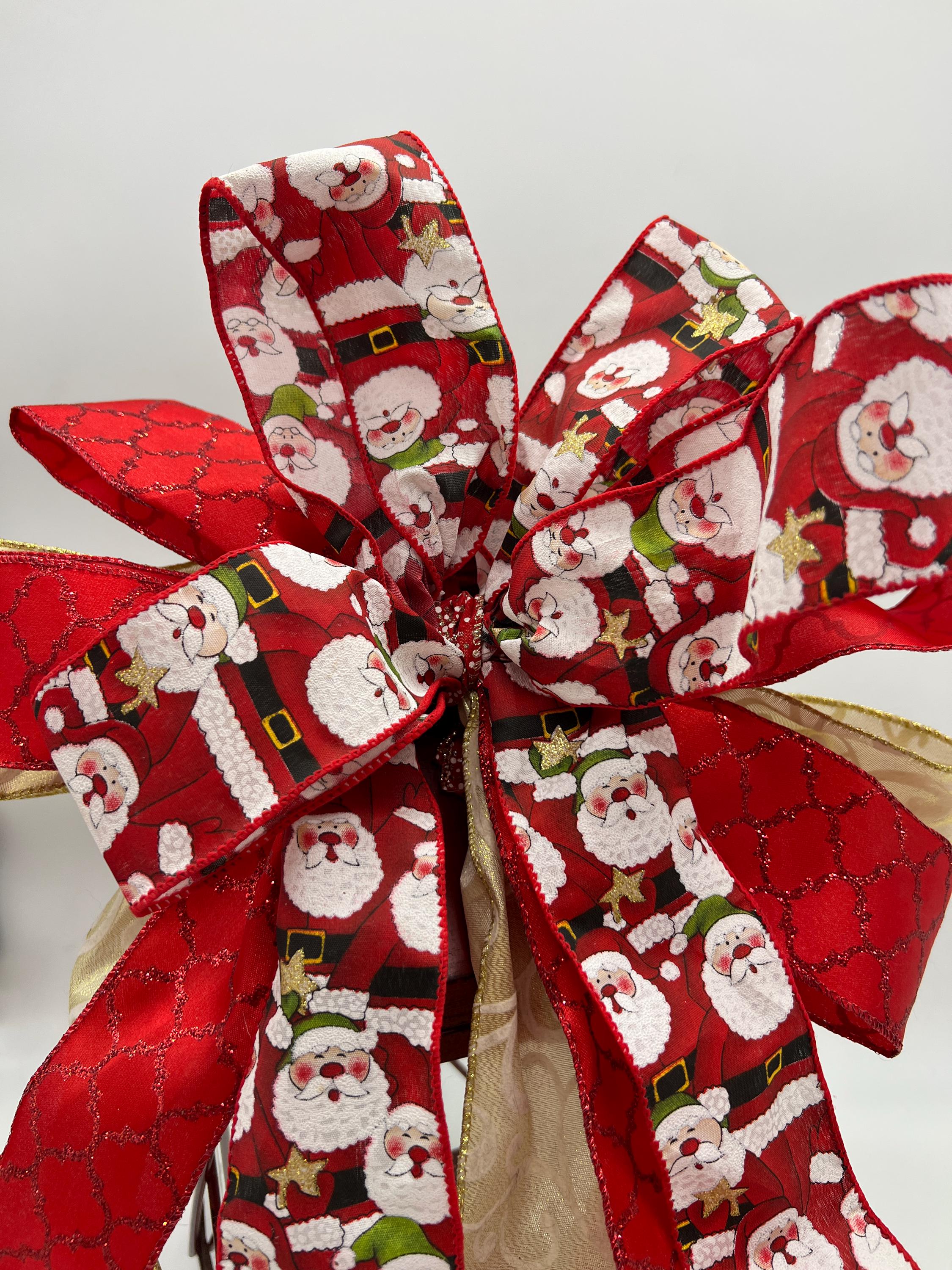 Handmade Christmas Bow Topper Santa Ribbon Bow Red & Gold Holiday Lantern and Wreath Bow decor