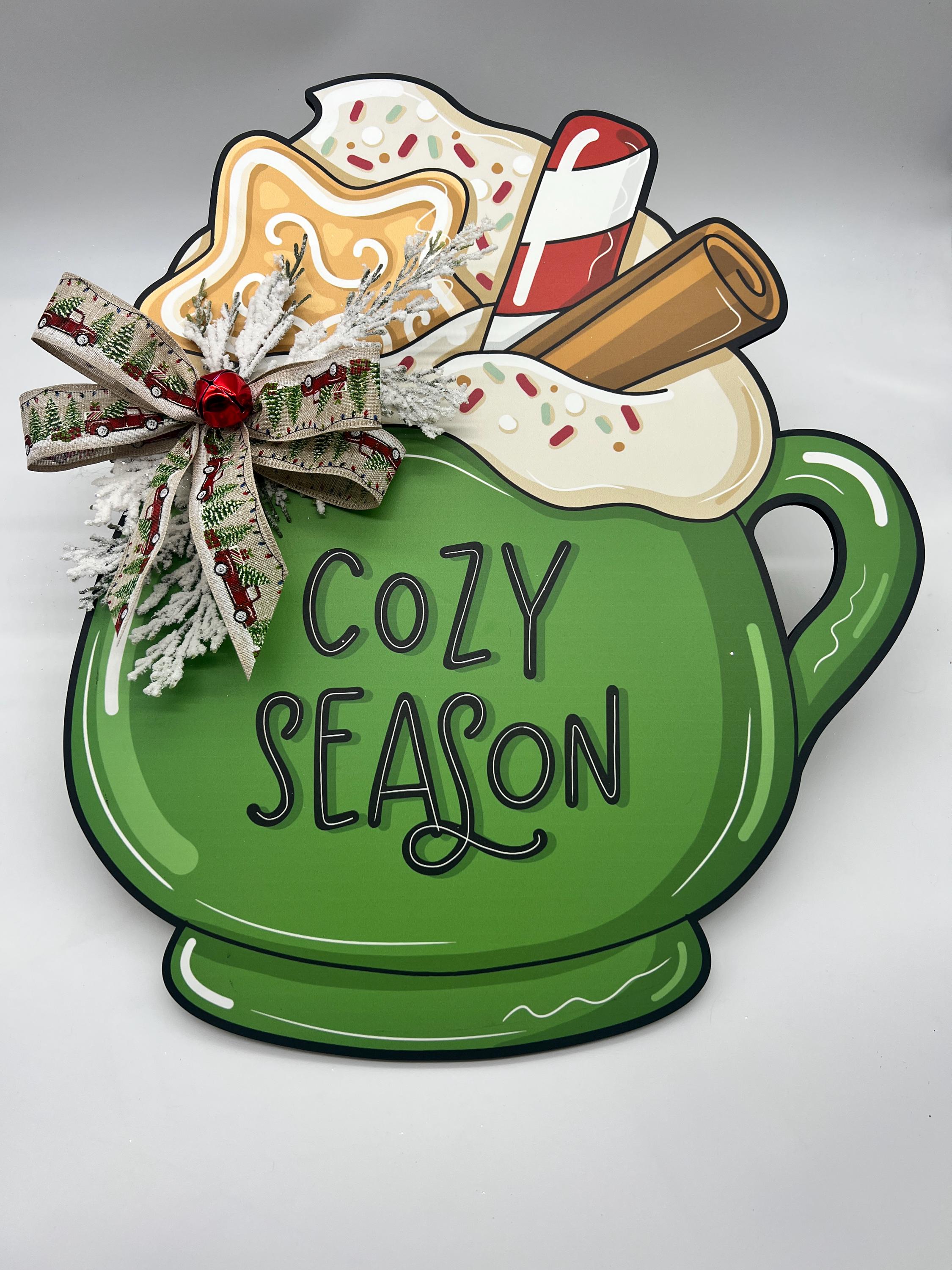 Oversized Christmas Mug Sign – Rustic Holiday Door Hanger – Cozy Kitchen Decor with Festive Bow